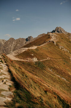 Hikers on Mountain Trail at sunny autumn day. Tatry, Poland