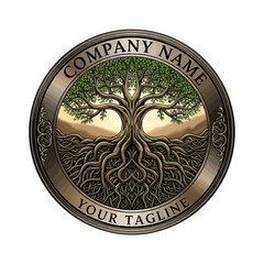 Circular metallic emblem featuring an intricate Tree of Life with extensive roots and branches.