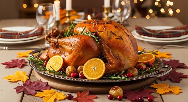 A beautifully roasted turkey is presented on a table with autumn leaves and fruit for a festive meal.