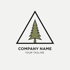 A minimalist logo featuring a stylized evergreen tree inside a black triangle on a light gray background.