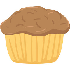 A single fluffy brown muffin with a golden yellow paper liner on a transparent background ideal for baking and dessert illustrations