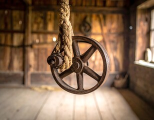 ​An antique rusty metal pulley wheel with a thick rope hanging in a dimly lit, rustic wooden interior, likely an attic or barn