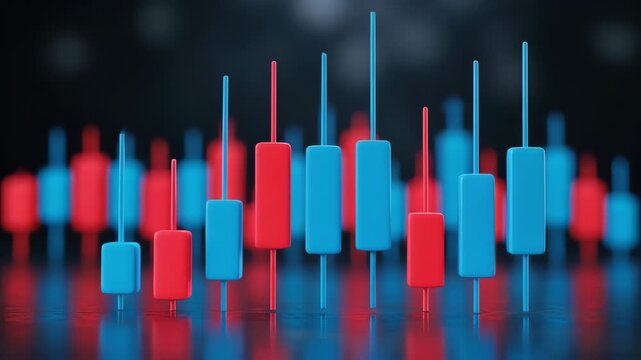 An abstract candlestick chart finance market stock trading investment data analysis volatility bullish bearish risk management visual blue red bars neon glow shallow depth of field forex graph profit