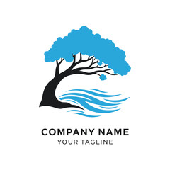 Stylized logo of a tree with blue leaves and water waves.