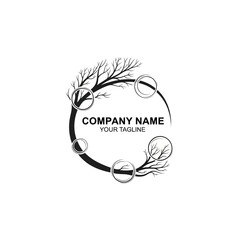 Circular logo design featuring bare tree branches, bubbles, and space for company name and tagline.