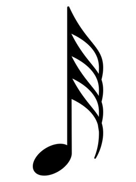 Black sixty-fourth note icon in flat vector style, simple hemidemisemiquaver music symbol with four flags for rhythm, melody, and notation design, PNG with transparent background