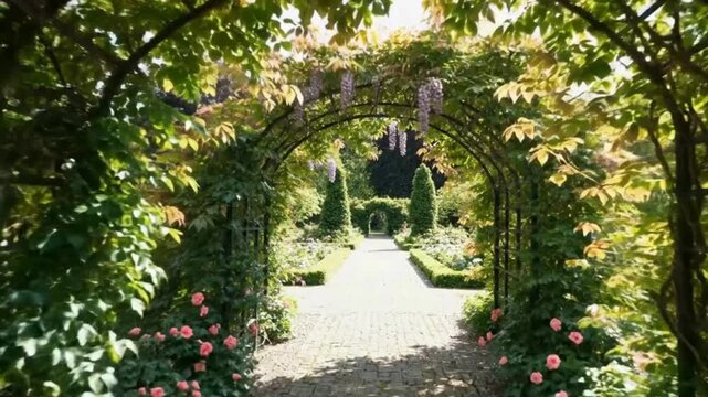 Scenic garden path with archways lush greenery and blooming roses creating a tranquil and inviting outdoor space
