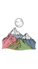 Colorful mountain peaks, snow-capped, under a detailed, full moon