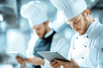 Two chefs in a modern kitchen focus on tablets, blending culinary skills with technology to enhance their cooking experience.