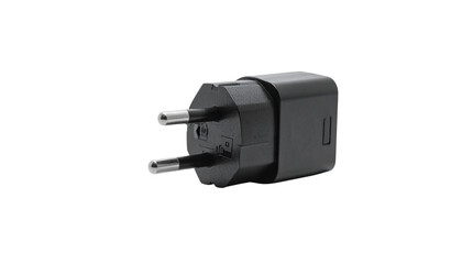 A closeup of a plastic electric plug connection, a piece of power equipment isolated on a white background