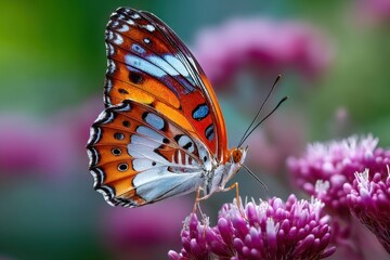Butterfly with orange and blue wings on purple flower