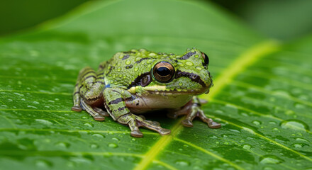 Obraz premium A close-up view of a green frog resting on a vibrant leaf.