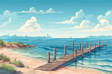 Fototapeta premium tropical beach with wooden pier and clear sea water vector illustration for travel and summer vacation concept