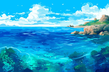 tropical beach with beautiful sky and clear sea water vector illustration for travel and summer vacation concept