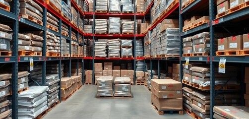 Obraz premium Organized packages stacked on warehouse shelves, ready for distribution, inventory management, wholesale