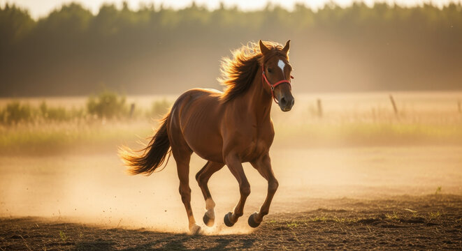 A chestnut horse gallops freely across a field, dust kicking up around its hooves in the warm sunlight. - Powered by Adobe