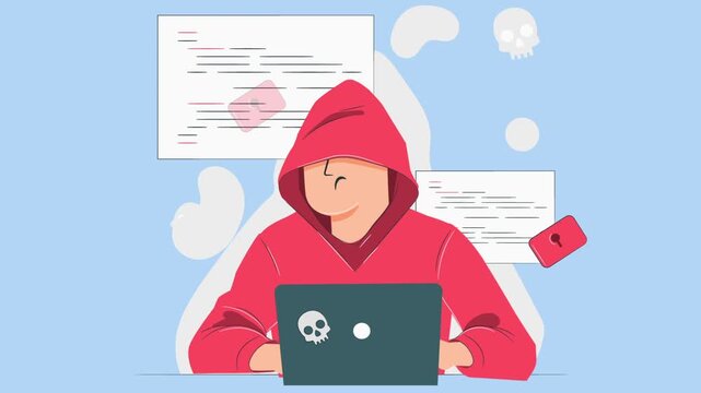 Hacker With Laptop Computer Stealing Passwords And Breaking In Confidential Data