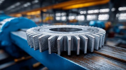 Precision engineered metal gear resting on sturdy machinery, showcasing industrial strength and mechanical innovation, perfect for illustrating engineering concepts or manufacturing processes