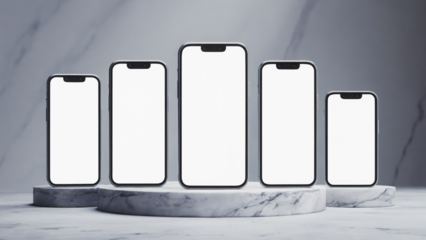 Transparent five modern smartphones of different sizes arranged on a marble podium with a marble background, showcasing their blank screens for customization mockup 