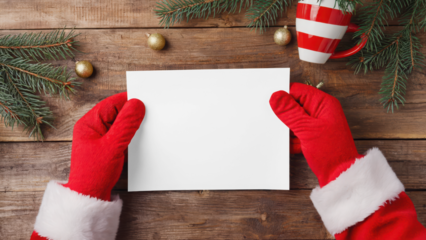 Transparent santas gloved hands holding a blank white card or letter on a rustic wooden table, surrounded by festive christmas decorations and pine branches mockup 