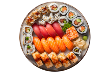 Delicious sushi platter, top view. Asian cuisine, healthy meal.