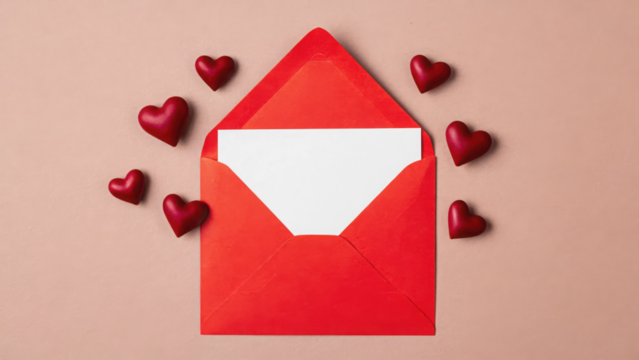 Transparent a red envelope with a blank white card inside, surrounded by small red heartshaped candies on a pink background, symbolizing love and romance mockup  - Powered by Adobe