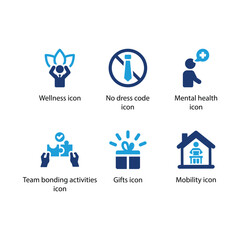 Wellness, No dress code, Mental health, Team bonding activities, Gifts, Mobility, icon