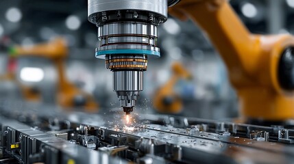 High precision robotic arm laser cutting steel in a modern industrial factory, showcasing advanced manufacturing technology, automation, and efficiency for the future of industry