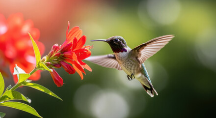 Naklejka premium A hummingbird hovers near vibrant red flowers, wings extended, feeding.