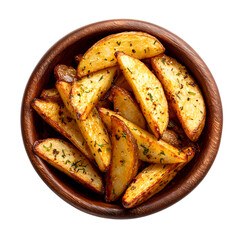 Crispy potato wedges in wooden bowl top view isolated on transparent background