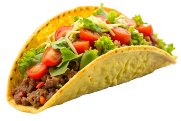 Delicious Taco: A tantalizing shot of a fully loaded taco, a crispy shell cradles savory ground meat, fresh vibrant lettuce, juicy tomato and a sprinkle of cheese.