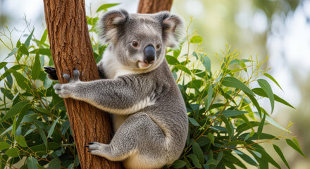 A koala clings to a tree trunk, its gray fur contrasting with the green foliage in the background.