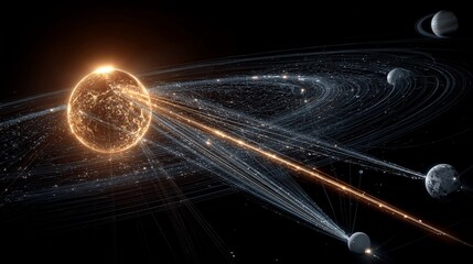 Explore the cosmos with this captivating scene of planets orbiting a radiant star, perfect for illustrating astronomy, astrology, or futuristic technology concepts, igniting curiosity and wonder