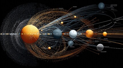 Explore the cosmos with this stunning visualization of planets and orbital connections, ideal for science education, astronomy presentations, or futuristic technology concepts, vibrant and dynamic