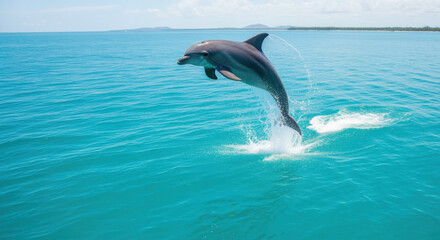 Fototapeta premium Dolphin leaps high out of the turquoise ocean water, creating a splash with land visible in the background.