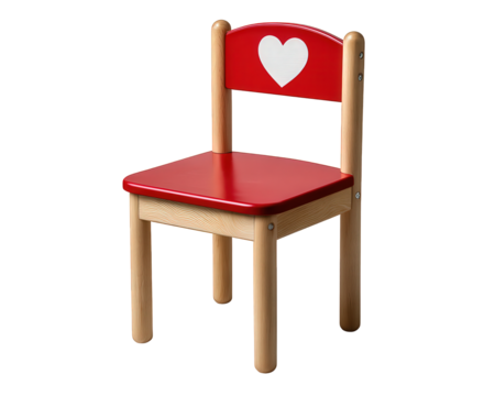 Adorable small red wooden kid chair with white heart on backrest. Lovely children furniture isolated on transparency background for home, school, or nursery - Powered by Adobe