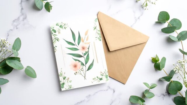 A white marble surface displays invitation cards with floral design, a brown envelope, and green leaves