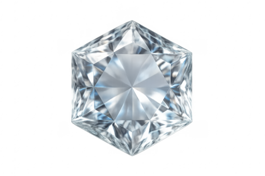 Brilliant hexagonal cut diamond reflecting light on transparent background