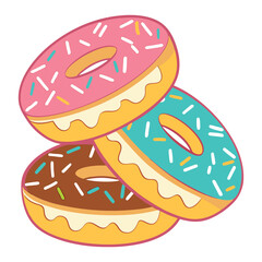 A delightful stack of three colorful iced donuts with sprinkles featuring pink teal and chocolate frosting perfect for sweet treat and bakery themes