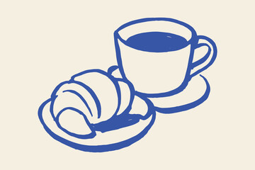 coffee cup croissant breakfast sketch blue brush line vector illustration