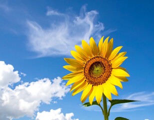 Obraz premium Sunflower against a bright blue sky with puffy white clouds
