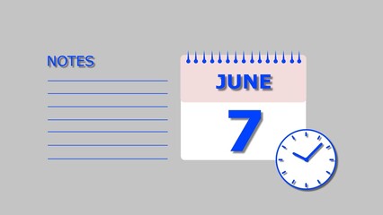 June 7 Calendar royal blue color 4k illustration, with Free for Notes and Writing element. Light gray background 4k illustration.