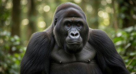 Obraz premium A majestic adult gorilla stares directly at the viewer, set against a blurred forest background.