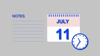 July 11 Calendar royal blue color 4k illustration, with Free for Notes and Writing element. Light gray background 4k illustration.