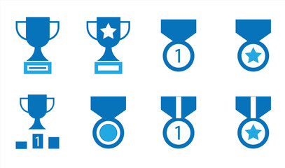 Cup & Trophy icon set. Winner icon collection. Award symbol collection. Silhouettes of Trophies and Winner Medals. Vector illustration.