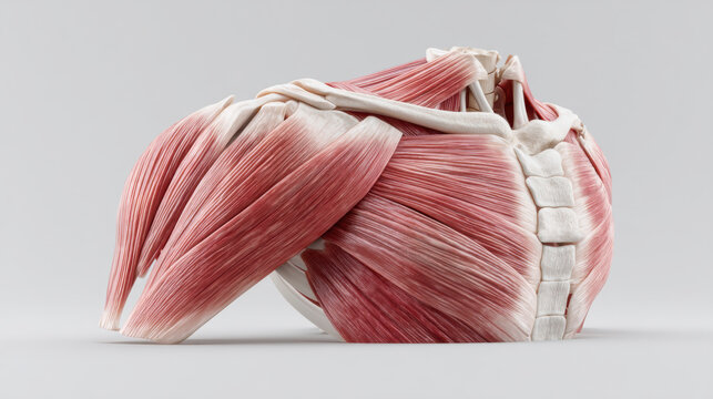 Shoulder Muscles, A minimalist detailed cross-section of the shoulder, showing the deltoid and rotator cuff muscles, Neutral background, professional medical book illustration style. 