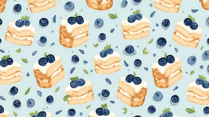 Seamless pattern with birds and flowers, set of sweet food dessert vector icons and illustration for bakery collection