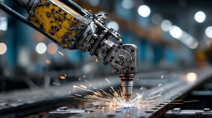 Powerful robotic laser cutting through metal with sparks flying in a modern factory, showcasing precision engineering and automated manufacturing processes for cutting-edge industrial applications