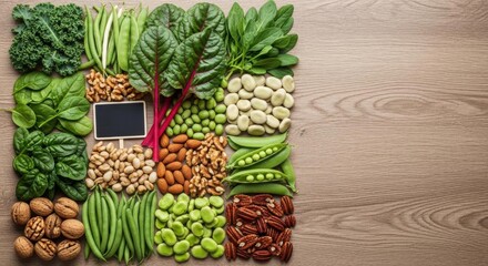 Fototapeta premium Assortment of Fresh Green Vegetables Nuts and Legumes for a Healthy Diet.