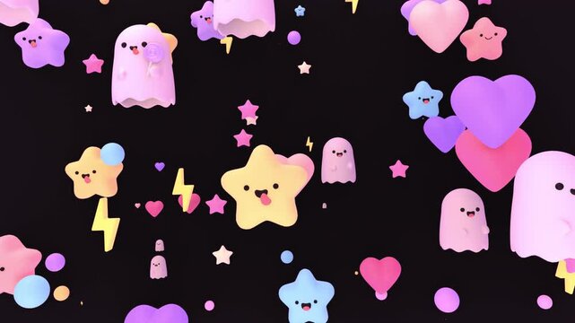 Kawaii ghosts and stars pop up in the night sky animation. (loop)